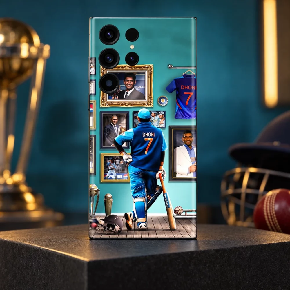 MS Dhoni photo mobile skin with teal portrait gallery and number 7 jersey, teal sports studio hero