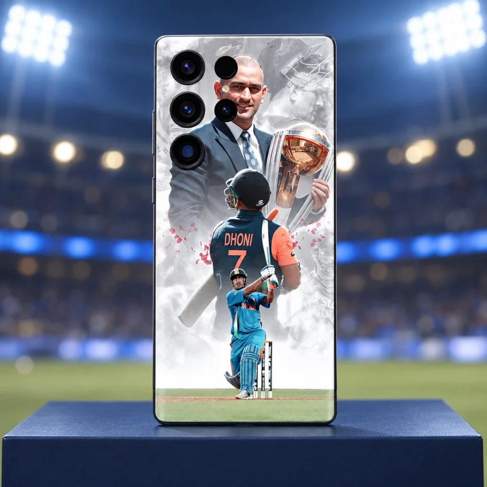 MS Dhoni photo mobile skin with trophy portrait, DHONI 7 jersey and batting montage, stadium hero