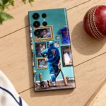 MS Dhoni photo mobile skin with teal portrait gallery and number 7 jersey, cricket ball flat lay