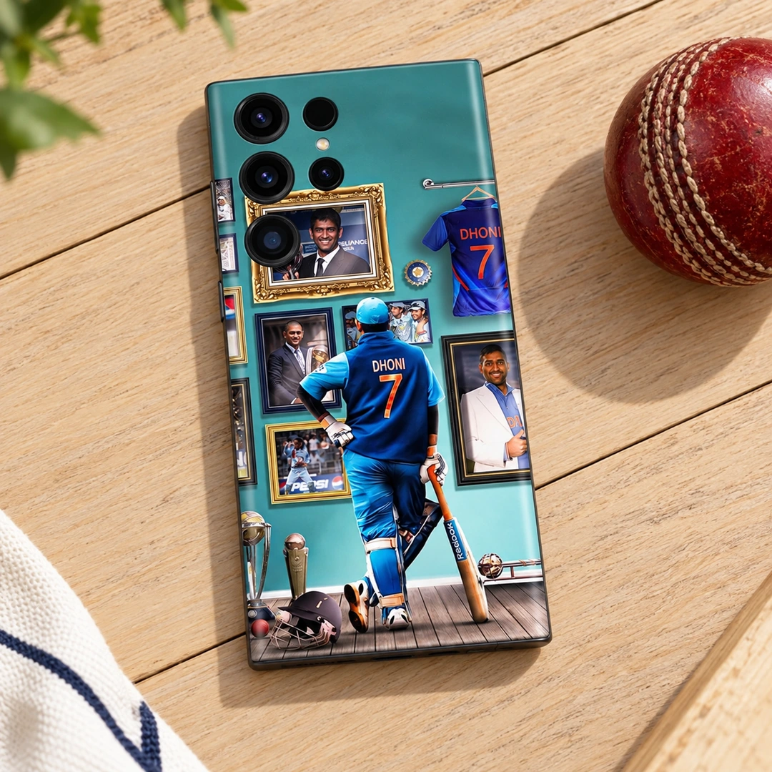 MS Dhoni Photo Mobile Skin - cricket ball flat lay MS Dhoni photo mobile skin with teal portrait gallery and number 7 jersey, cricket ball flat lay