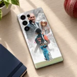 MS Dhoni photo mobile skin with trophy portrait, DHONI 7 jersey and batting montage, cricket fan desk