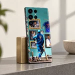MS Dhoni photo mobile skin with teal portrait gallery and number 7 jersey, brass display stand