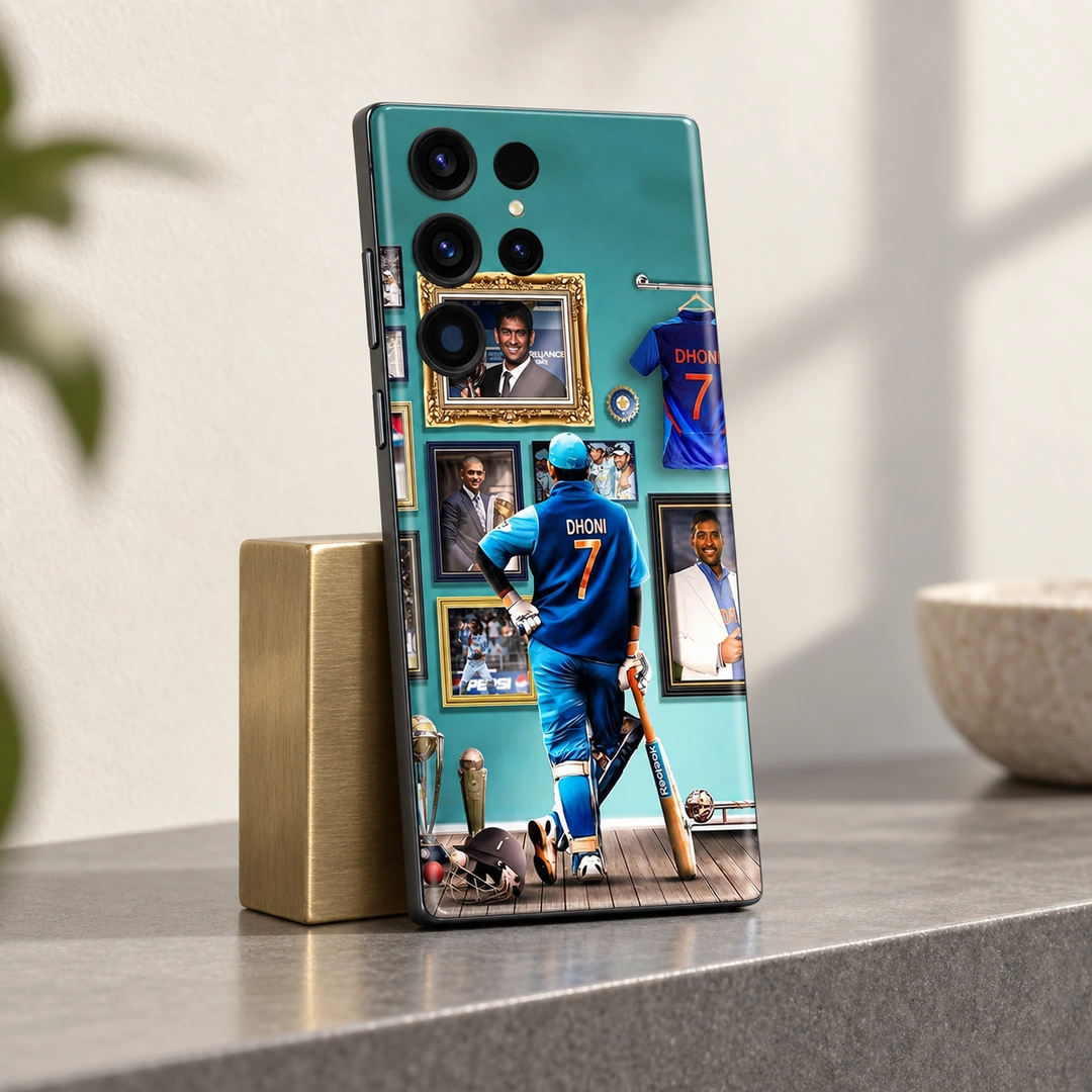 MS Dhoni Photo Mobile Skin - brass display stand MS Dhoni photo mobile skin with teal portrait gallery and number 7 jersey, brass display stand
