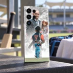 MS Dhoni photo mobile skin with trophy portrait, DHONI 7 jersey and batting montage, pavilion bench