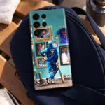 MS Dhoni photo mobile skin with teal portrait gallery and number 7 jersey, blue sports bag