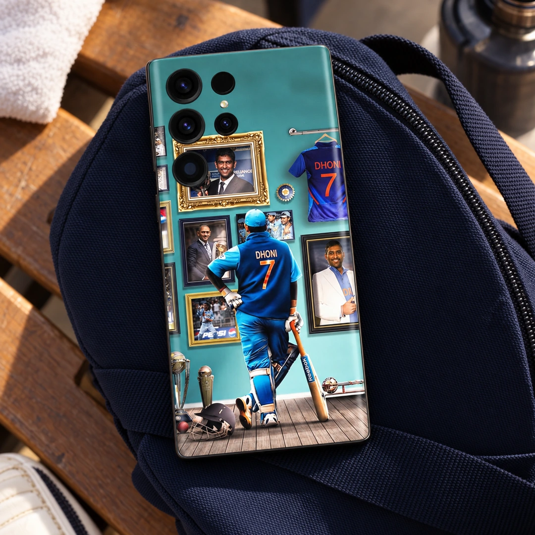 MS Dhoni Photo Mobile Skin - blue sports bag MS Dhoni photo mobile skin with teal portrait gallery and number 7 jersey, blue sports bag