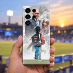 MS Dhoni photo mobile skin with trophy portrait, DHONI 7 jersey and batting montage, handheld at the ground
