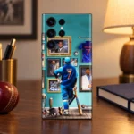 MS Dhoni photo mobile skin with teal portrait gallery and number 7 jersey, warm desk setting