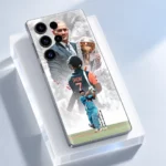 MS Dhoni photo mobile skin with trophy portrait, DHONI 7 jersey and batting montage, angled studio view