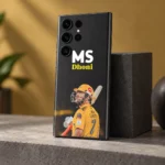 Angled view of the MS Dhoni photo phone skin on a concrete shelf