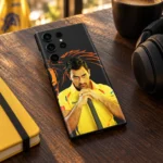 MS Dhoni photo mobile skin with yellow jersey portrait and orange lion artwork, cafe detail