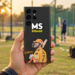MS Dhoni photo mobile skin held beside a cricket practice ground