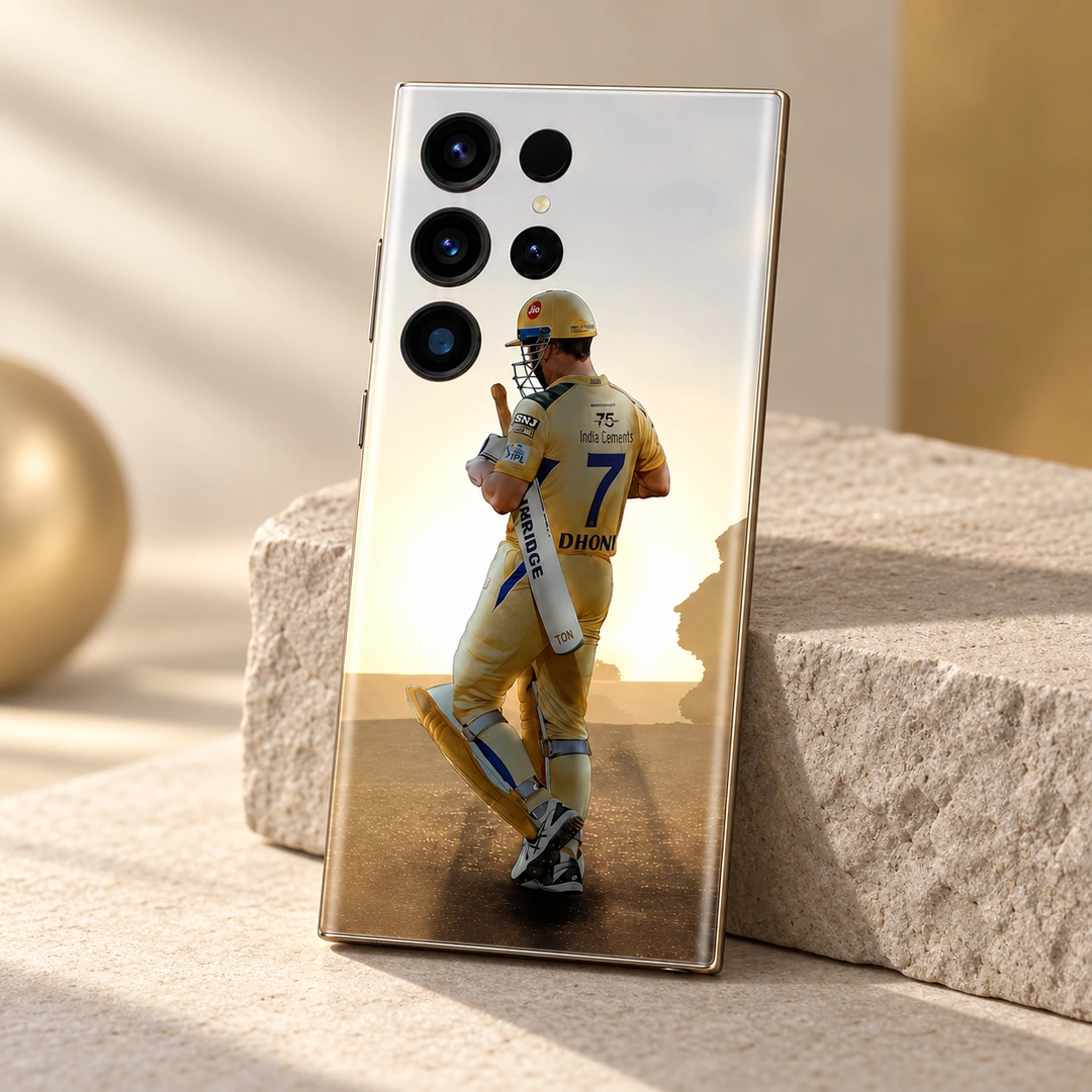 MS Dhoni Photo Mobile Skin - Warm gold studio view MS Dhoni photo mobile skin with yellow number 7 jersey, warm gold studio view