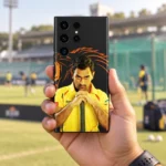 MS Dhoni photo mobile skin with yellow jersey portrait and orange lion artwork, ground lifestyle