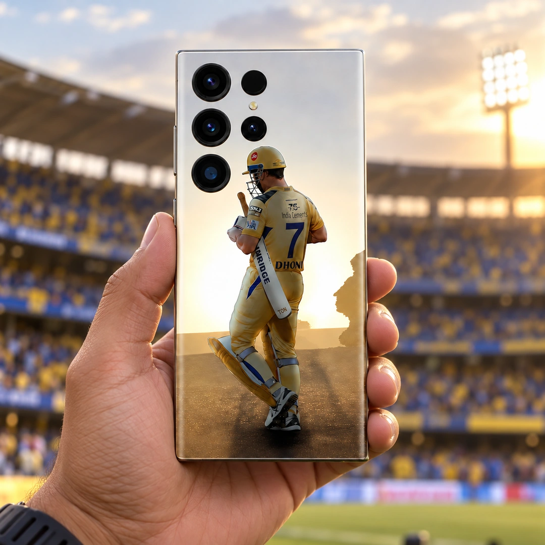 MS Dhoni Photo Mobile Skin - Handheld stadium view MS Dhoni photo mobile skin with yellow number 7 jersey, handheld stadium view