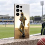 MS Dhoni photo mobile skin with yellow number 7 jersey, cricket outfield view