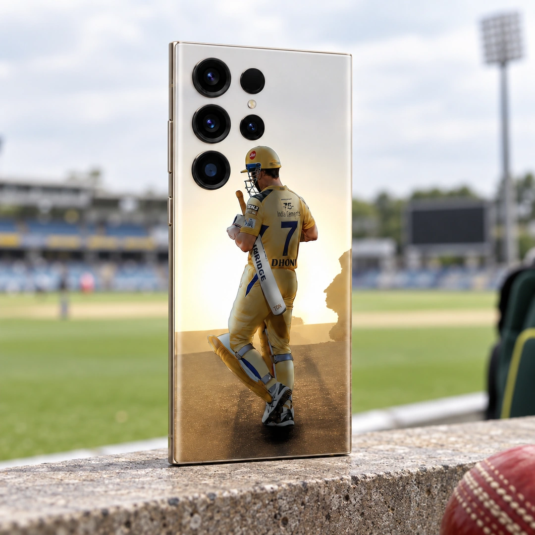 MS Dhoni Photo Mobile Skin - Cricket outfield view MS Dhoni photo mobile skin with yellow number 7 jersey, cricket outfield view