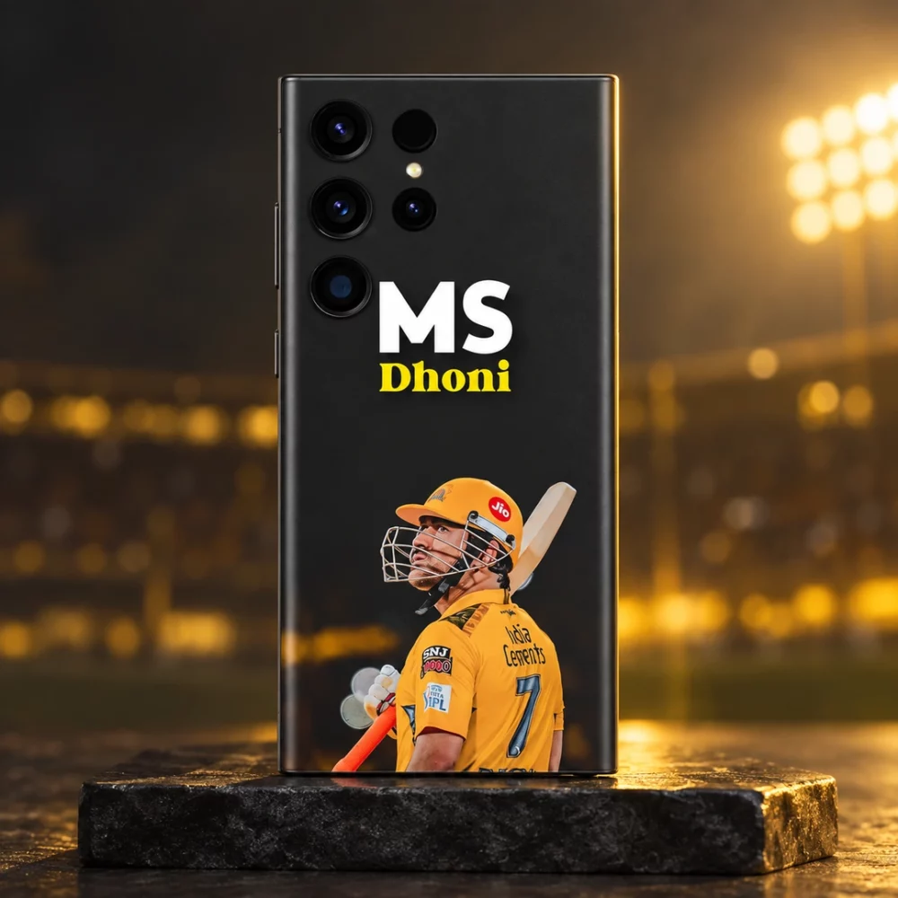 MS Dhoni photo mobile skin standing against warm stadium lighting