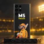 MS Dhoni photo mobile skin standing against warm stadium lighting