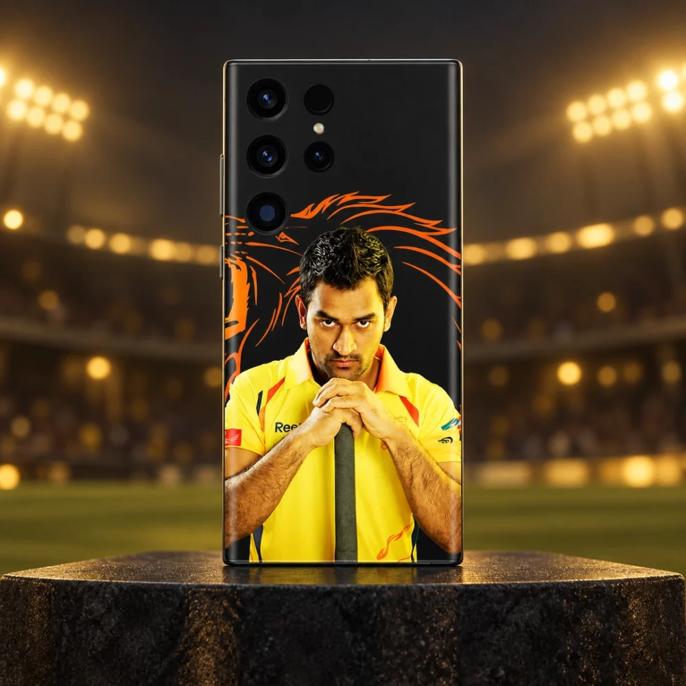 MS Dhoni photo mobile skin with yellow jersey portrait and orange lion artwork, stadium hero
