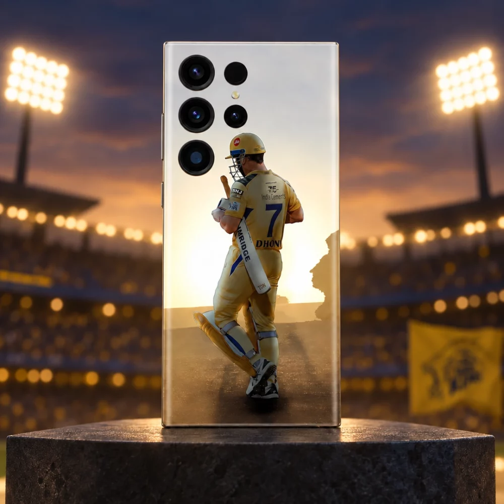 MS Dhoni photo mobile skin with yellow number 7 jersey, stadium hero