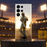 MS Dhoni photo mobile skin with yellow number 7 jersey, stadium hero