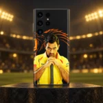 MS Dhoni photo mobile skin with yellow jersey portrait and orange lion artwork, stadium hero