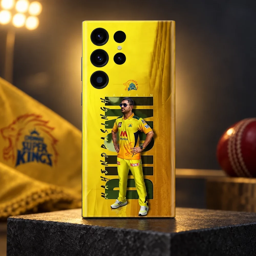 Yellow MS Dhoni photo mobile skin with Captain lettering, golden studio hero