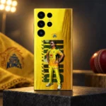 Yellow MS Dhoni photo mobile skin with Captain lettering, golden studio hero