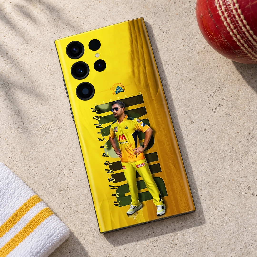 MS Dhoni Photo Mobile Skin – Cricket flat lay Yellow MS Dhoni photo mobile skin with Captain lettering, cricket flat lay