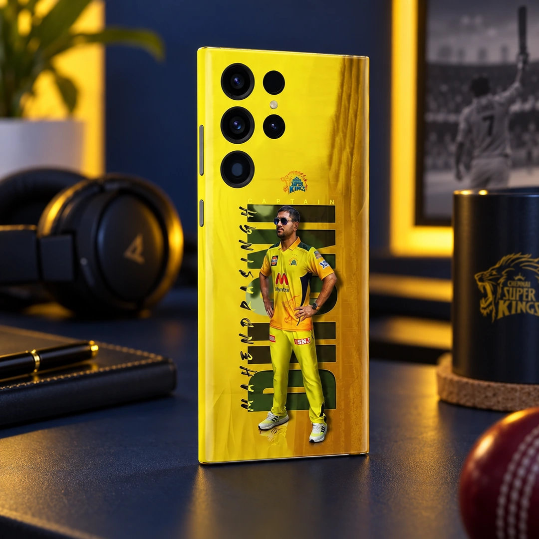 MS Dhoni Photo Mobile Skin – Navy fan desk Yellow MS Dhoni photo mobile skin with Captain lettering, navy fan desk