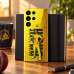 Yellow MS Dhoni photo mobile skin with Captain lettering, warm notebook setting