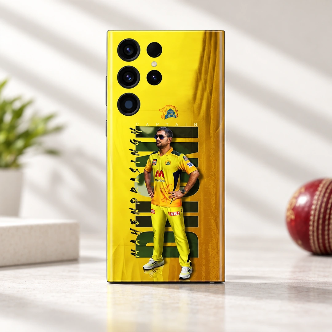 MS Dhoni Photo Mobile Skin – Bright studio rear view Yellow MS Dhoni photo mobile skin with Captain lettering, bright studio rear view