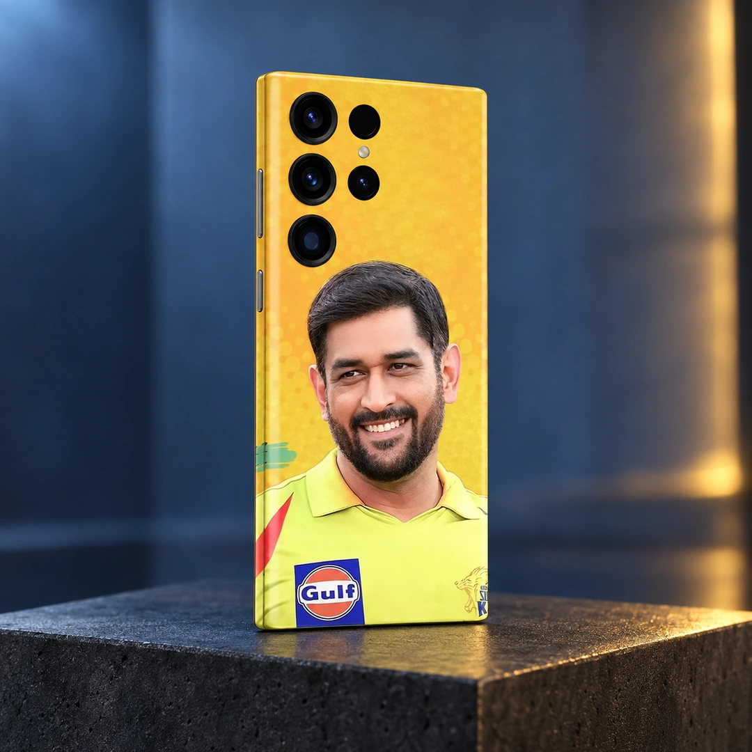 MS Dhoni Photo Mobile Skin - Dark Studio Angle MS Dhoni photo mobile skin with smiling portrait and yellow jersey, dark studio angle