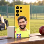 MS Dhoni photo mobile skin with smiling portrait and yellow jersey, cricket ground lifestyle