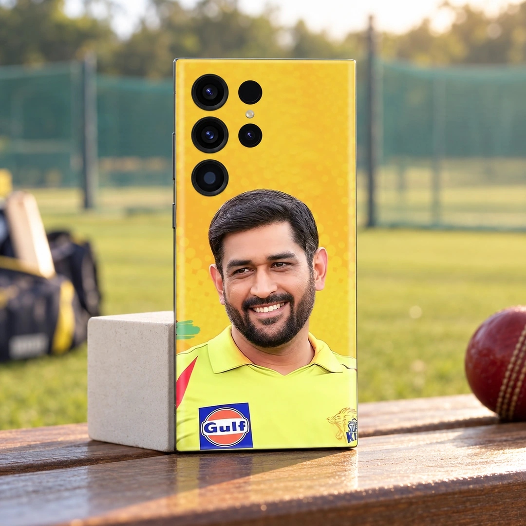 MS Dhoni Photo Mobile Skin - Cricket Ground Lifestyle MS Dhoni photo mobile skin with smiling portrait and yellow jersey, cricket ground lifestyle