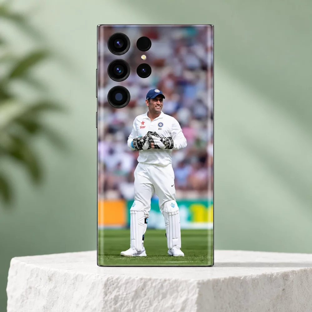 MS Dhoni wicketkeeper photo mobile skin in white Test cricket uniform, sage studio hero