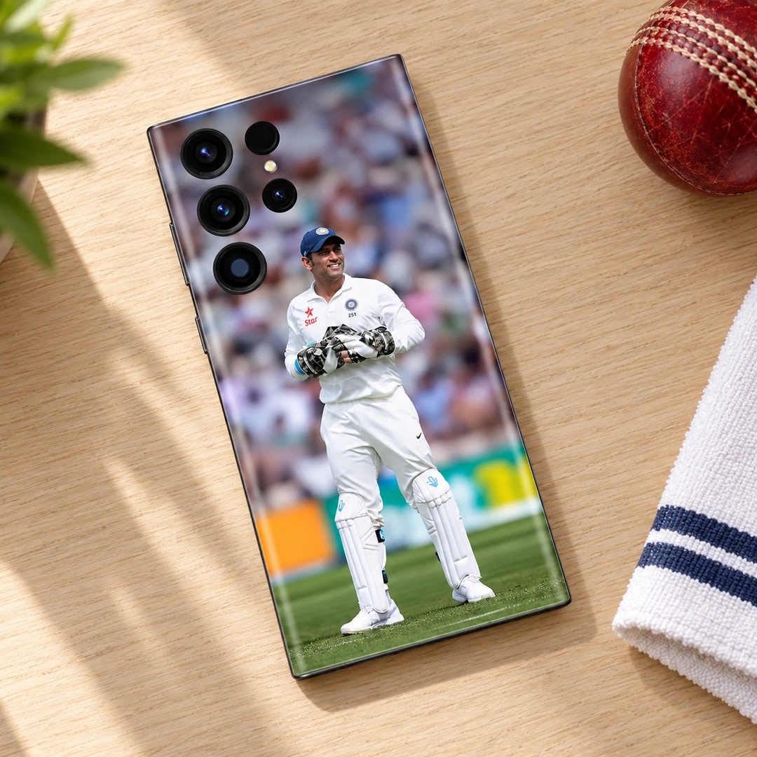 MS Dhoni Test Cricket Wicketkeeper – cricket desk flat lay MS Dhoni wicketkeeper photo mobile skin in white Test cricket uniform, cricket desk flat lay