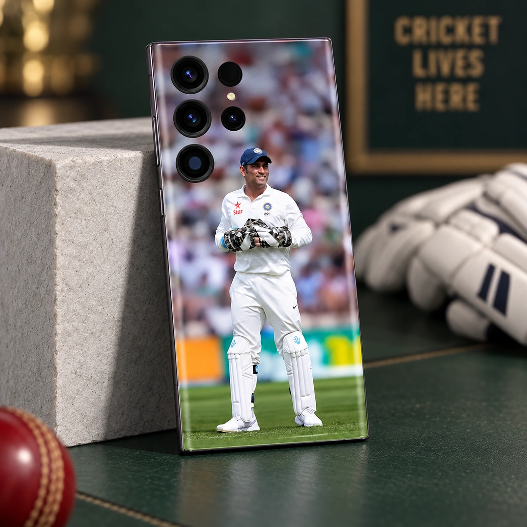 MS Dhoni Test Cricket Wicketkeeper – sports lounge MS Dhoni wicketkeeper photo mobile skin in white Test cricket uniform, sports lounge