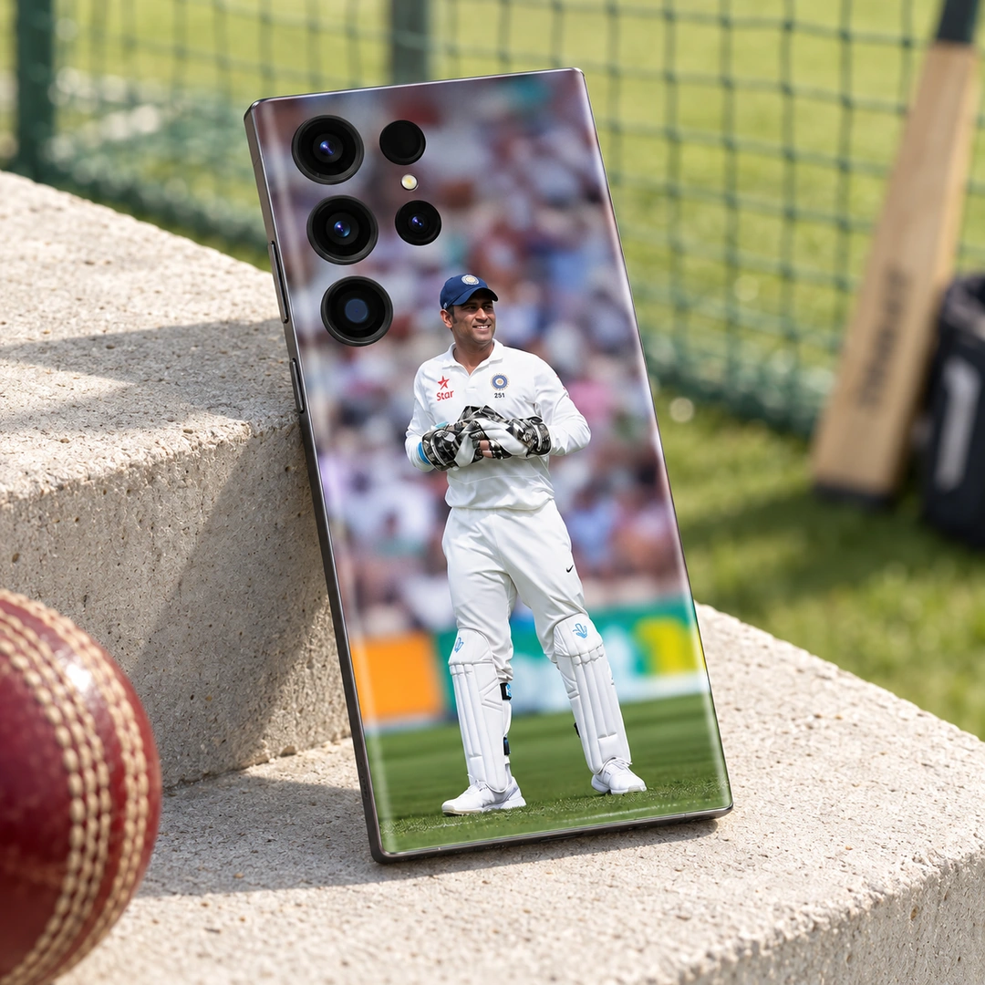 MS Dhoni Test Cricket Wicketkeeper – terrace nets MS Dhoni wicketkeeper photo mobile skin in white Test cricket uniform, terrace nets