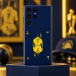 Navy and yellow MS Dhoni Thala 7 playing card mobile skin, sports lounge hero