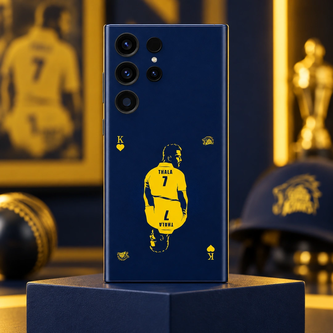 MS Dhoni Thala 7 Mobile Skin - Sports Lounge Hero Navy and yellow MS Dhoni Thala 7 playing card mobile skin, sports lounge hero