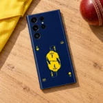 Navy and yellow MS Dhoni Thala 7 playing card mobile skin, cricket flat lay