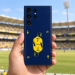 Navy and yellow MS Dhoni Thala 7 playing card mobile skin, stadium handheld view