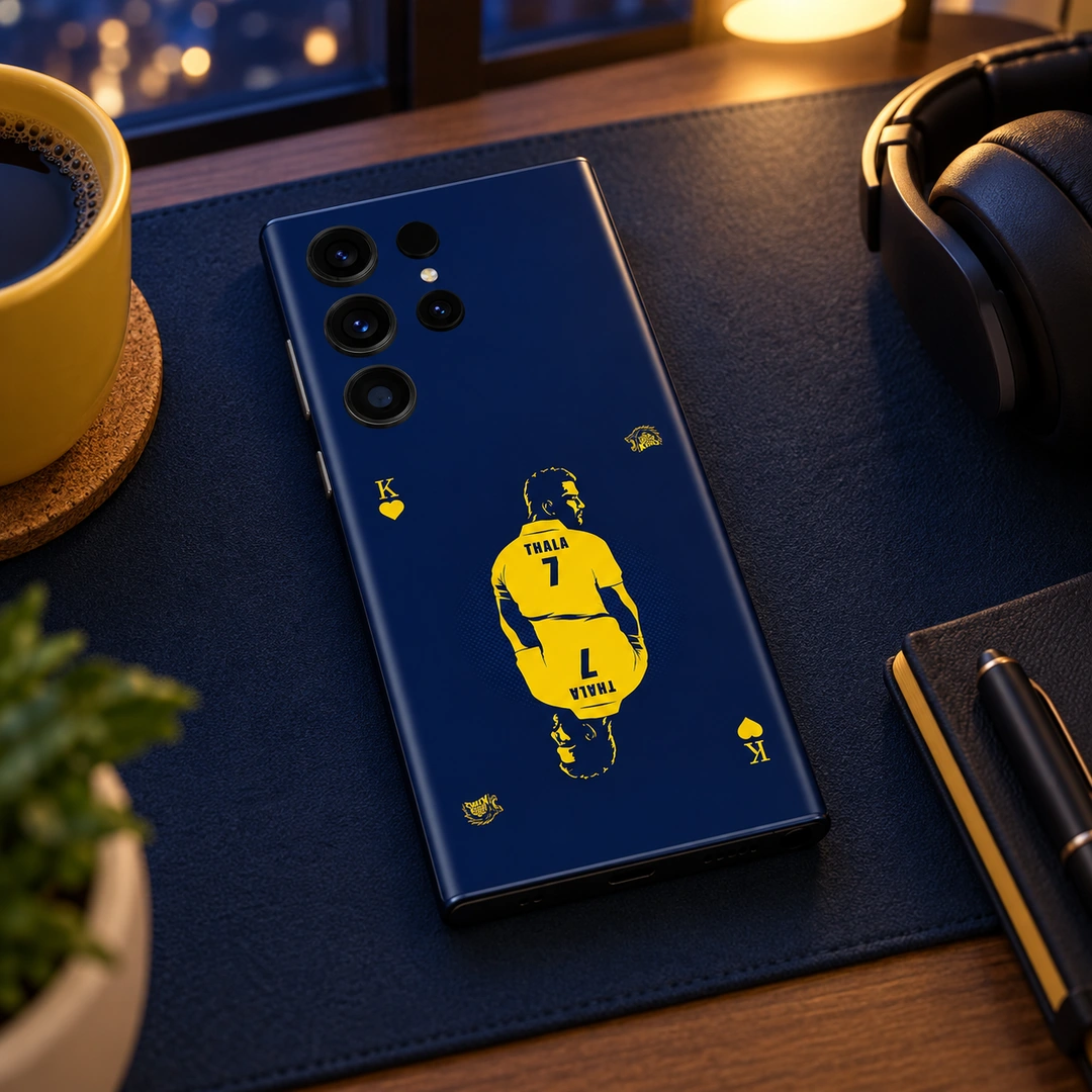 MS Dhoni Thala 7 Mobile Skin - Evening Desk View Navy and yellow MS Dhoni Thala 7 playing card mobile skin, evening desk view