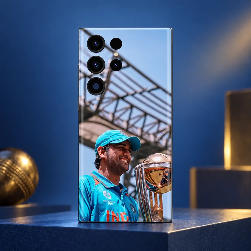 MS Dhoni trophy photo mobile skin with blue jersey and cap, blue and gold studio hero