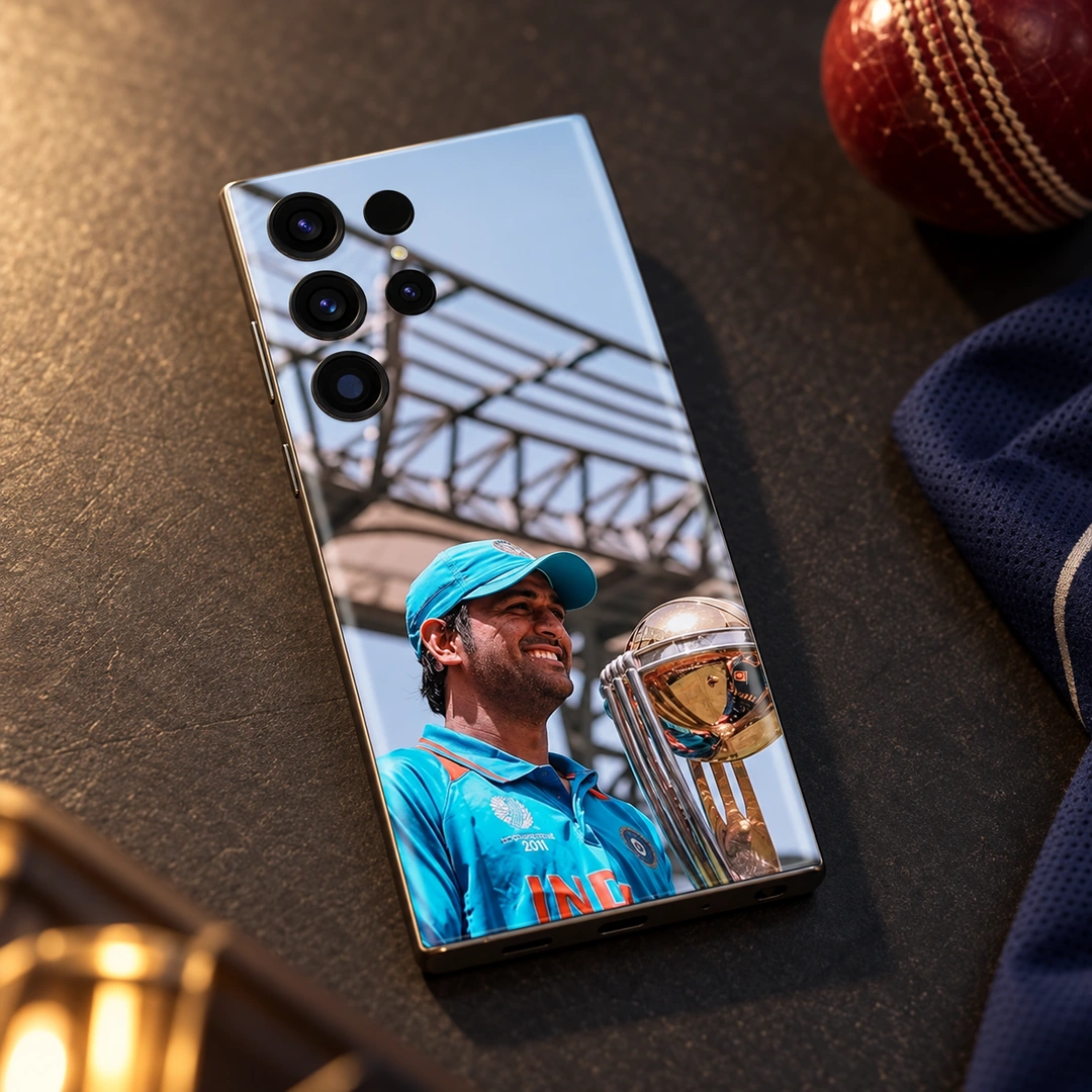 MS Dhoni Trophy Photo Mobile Skin – Cricket desk display MS Dhoni trophy photo mobile skin with blue jersey and cap, cricket desk display