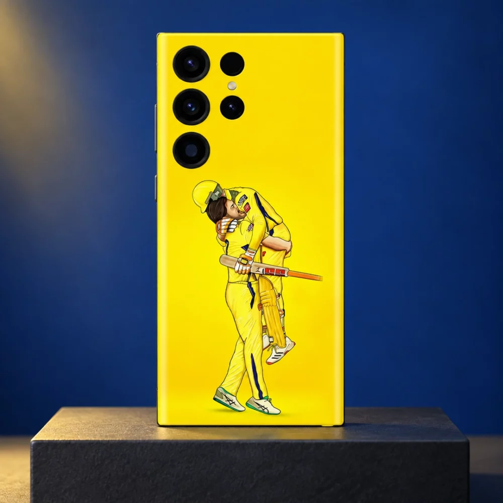 Yellow MS Dhoni celebration mobile skin showing two cricket players embracing, blue studio hero