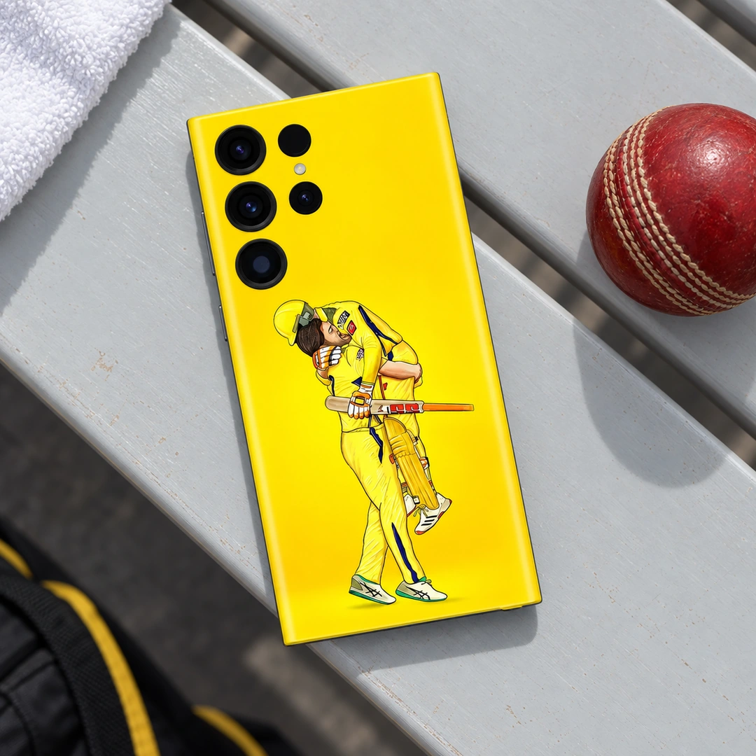 MS Dhoni Yellow Celebration Mobile Skin - Cricket bench flat lay Yellow MS Dhoni celebration mobile skin showing two cricket players embracing, cricket bench flat lay