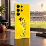 Yellow MS Dhoni celebration mobile skin showing two cricket players embracing, stadium window angle